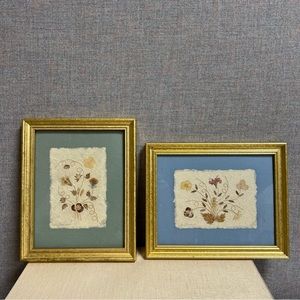 Vintage Signed Framed Pressed Flower Art 10” X 8.5”, Set Of 2
